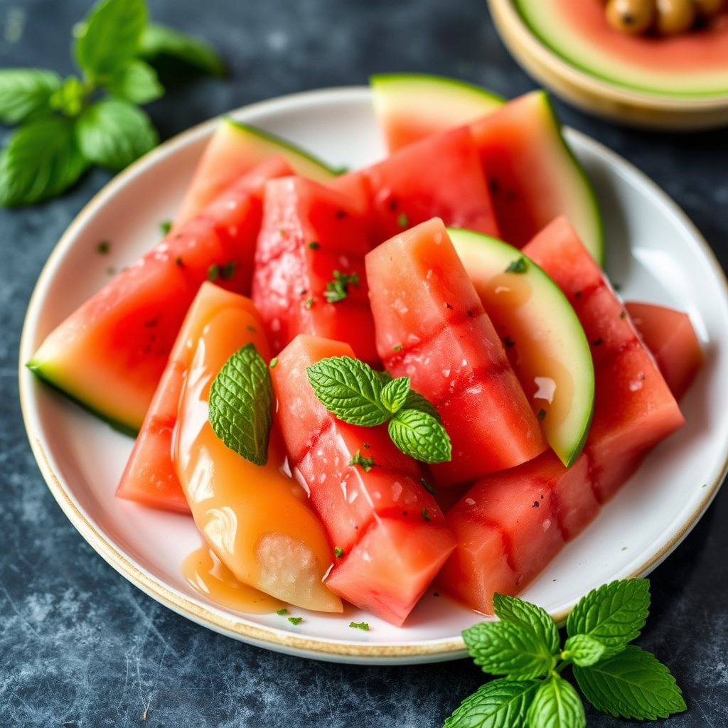 Vannmelon- og honningmelonskiver med lime-mynte-sirup