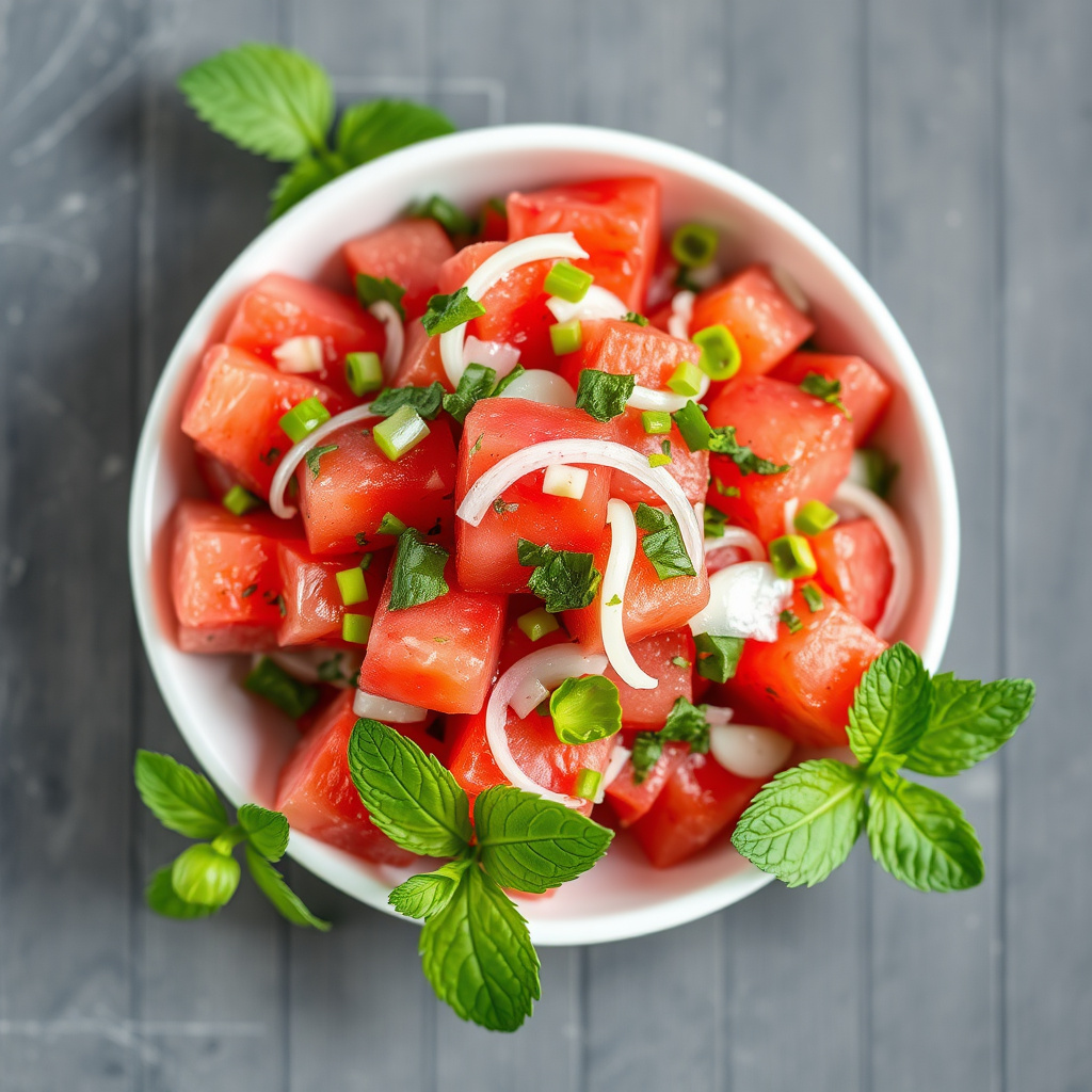 Vannmelon-, vårløk- og myntasalat