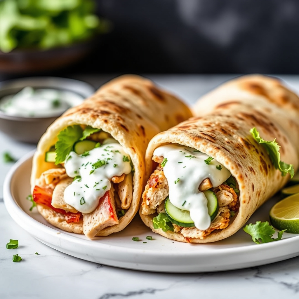 Varm gresk pita-sandwich med kalkun og agurk-yoghurtsaus