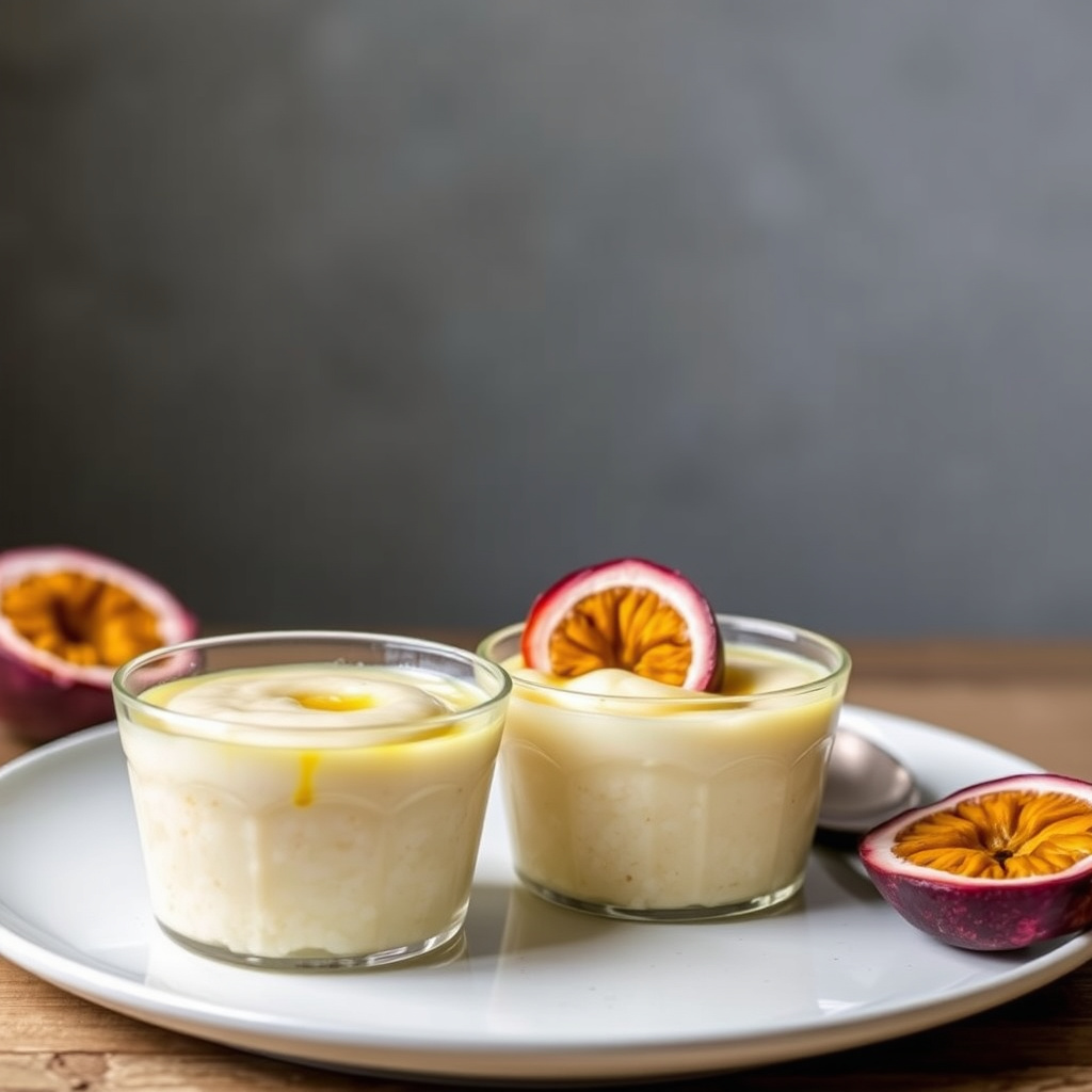 Varm jasminrispudding med pasjonsfrukt og rom