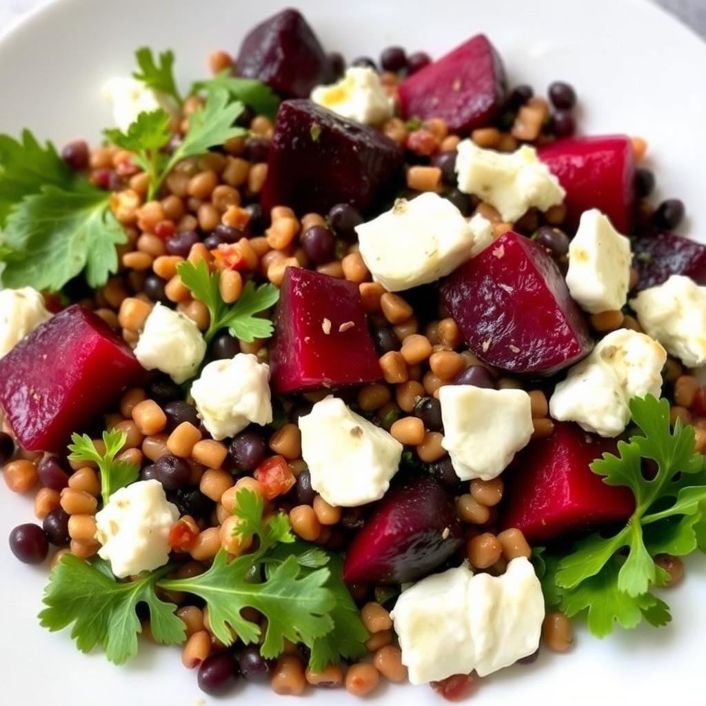 Varm linsesalat med ovnsbakte rødbeter og geitost