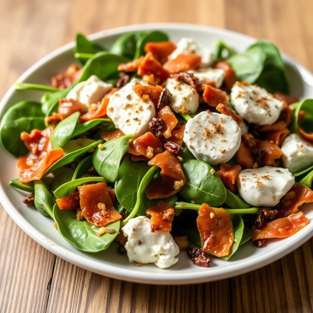 Varm pancetta-, geitost- og spinatsalat