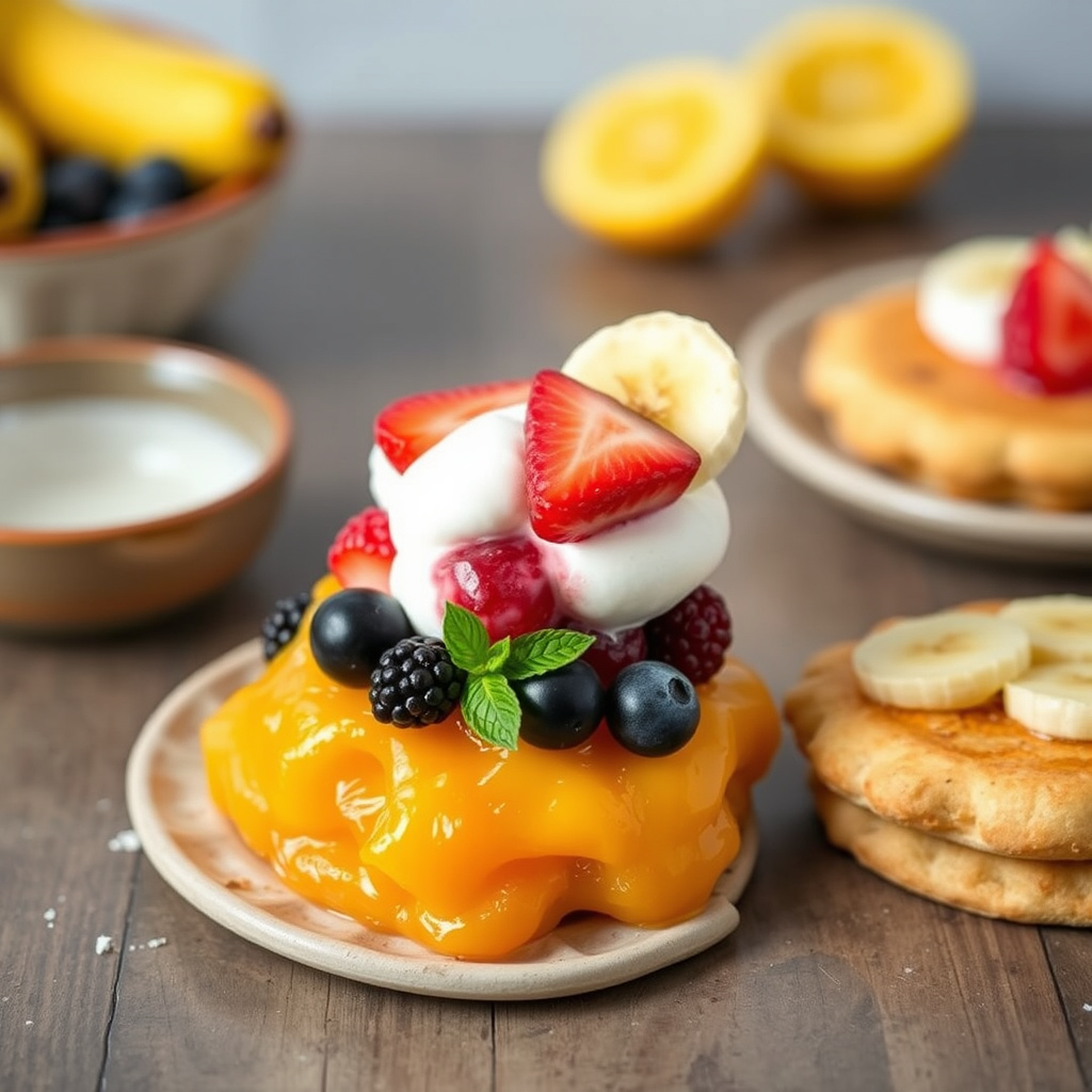 Varm sitrusmelange med frossen frukt-yogurt og banangaletter