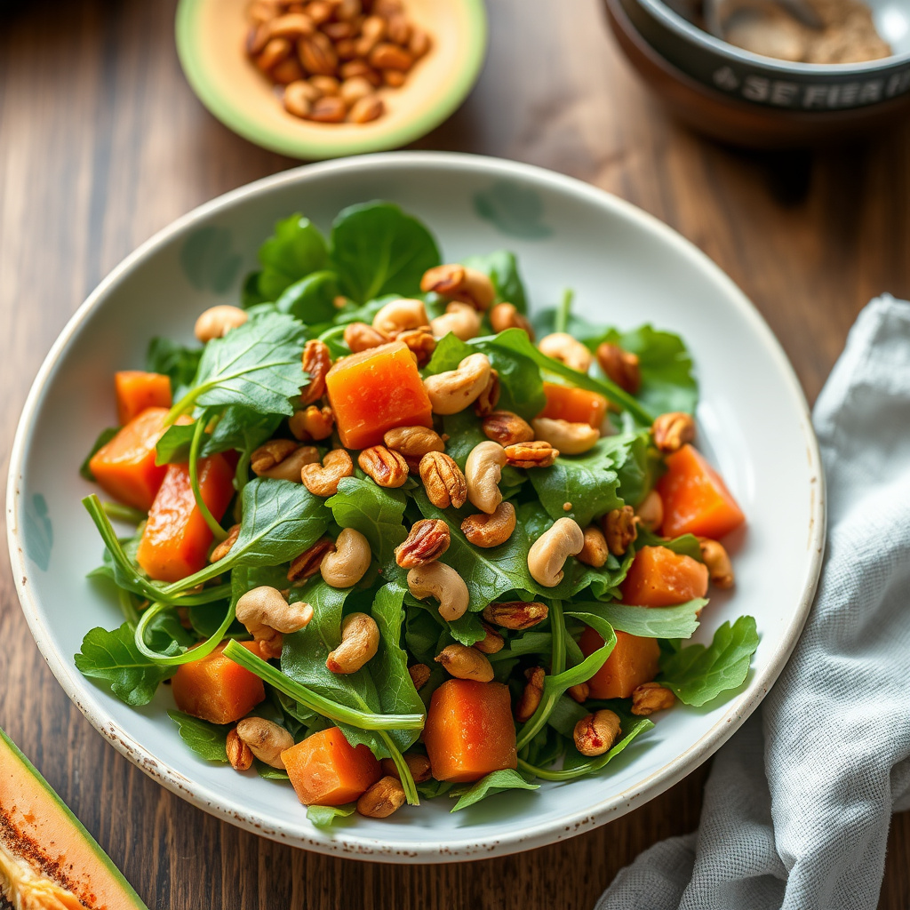 Vårsalat med vannkresse, fersk papaya og krydrede cashewnøtter