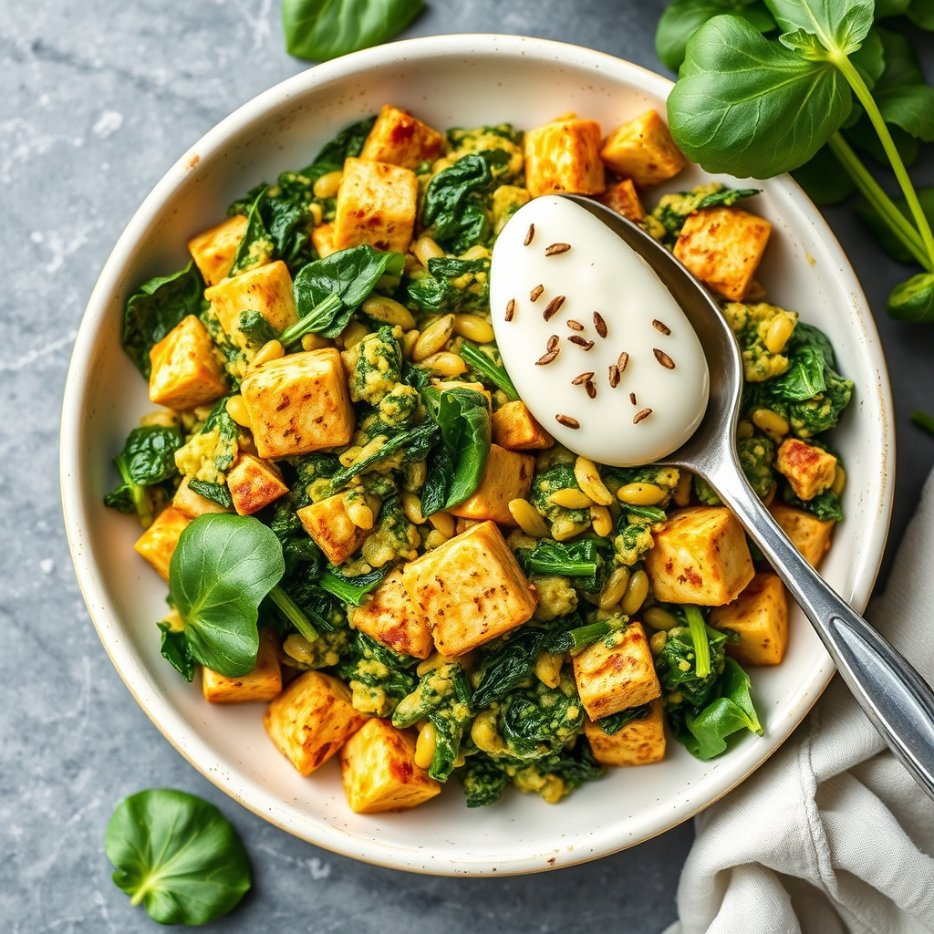 Vegan tofu- og spinatscramble
