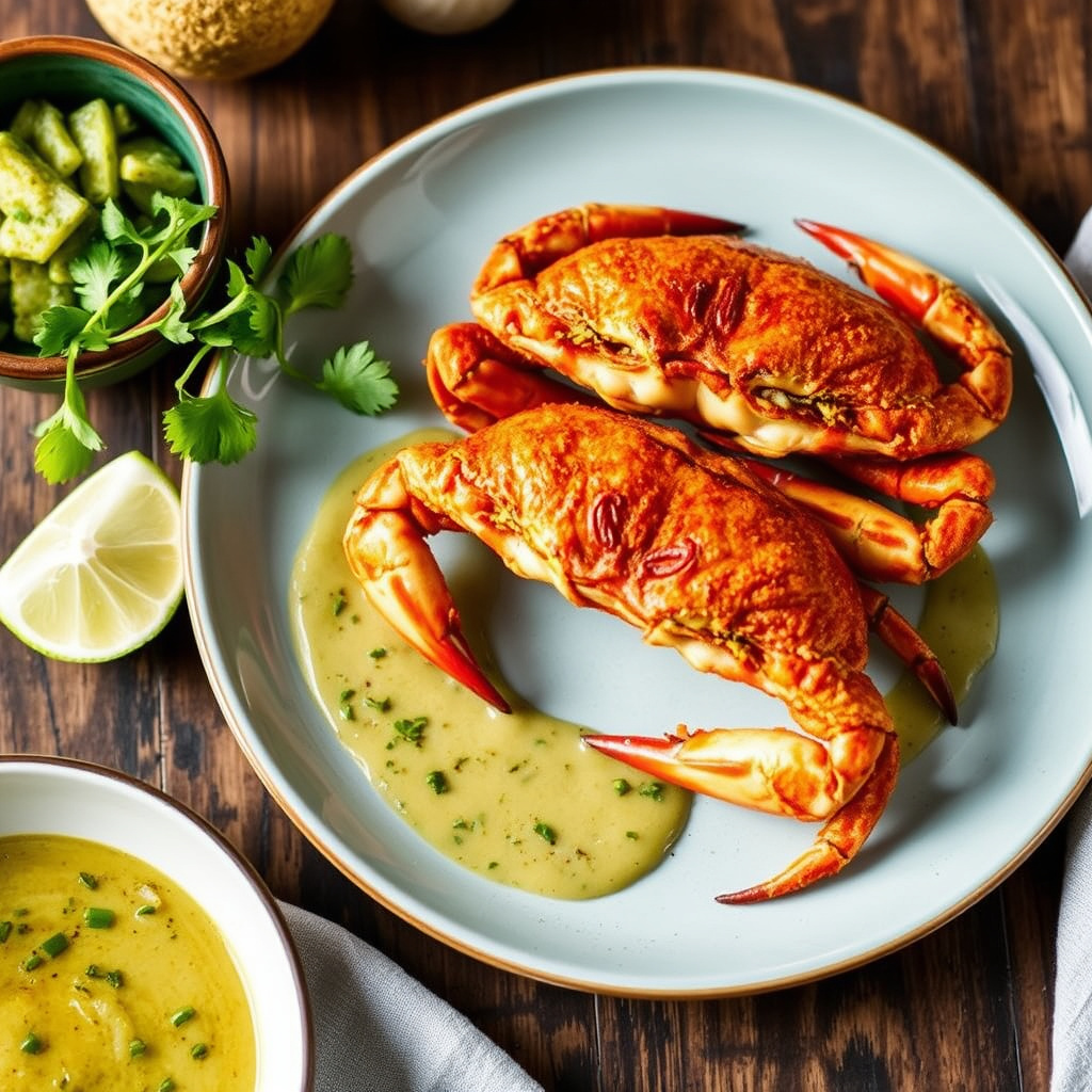 Vektede og panerte myke skjellkrabber med lime- og hvitløksmojo