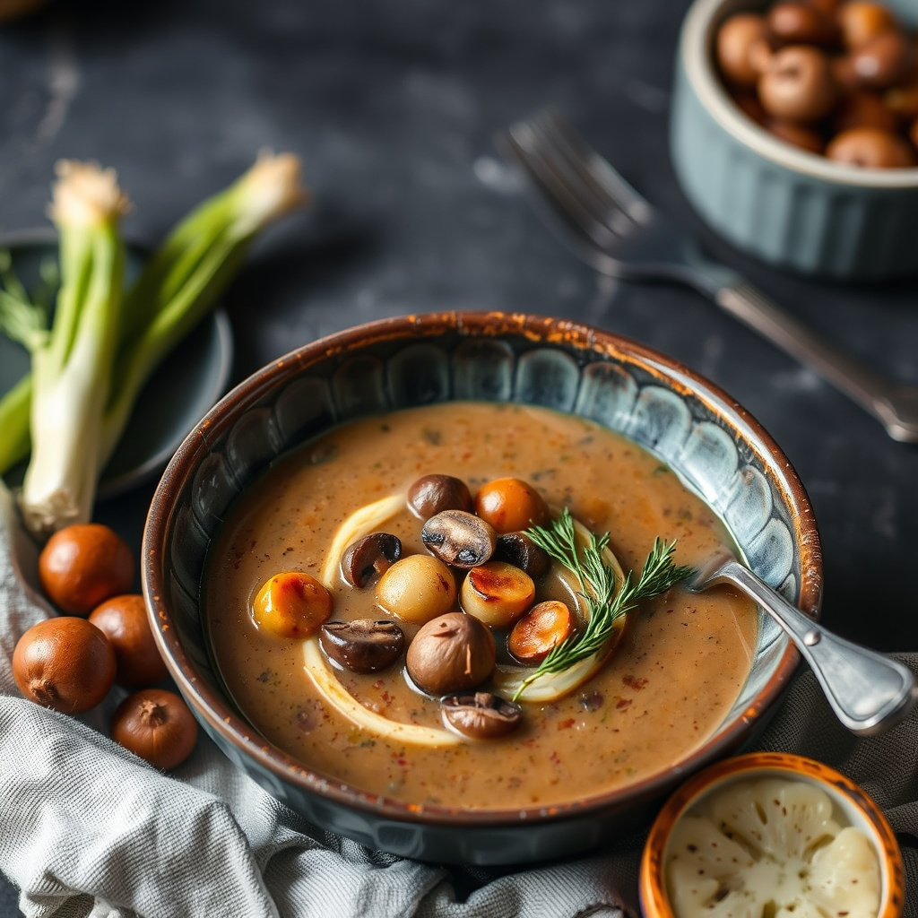 Vill soppsuppe med kastanjer og ovnsbakt fennikel