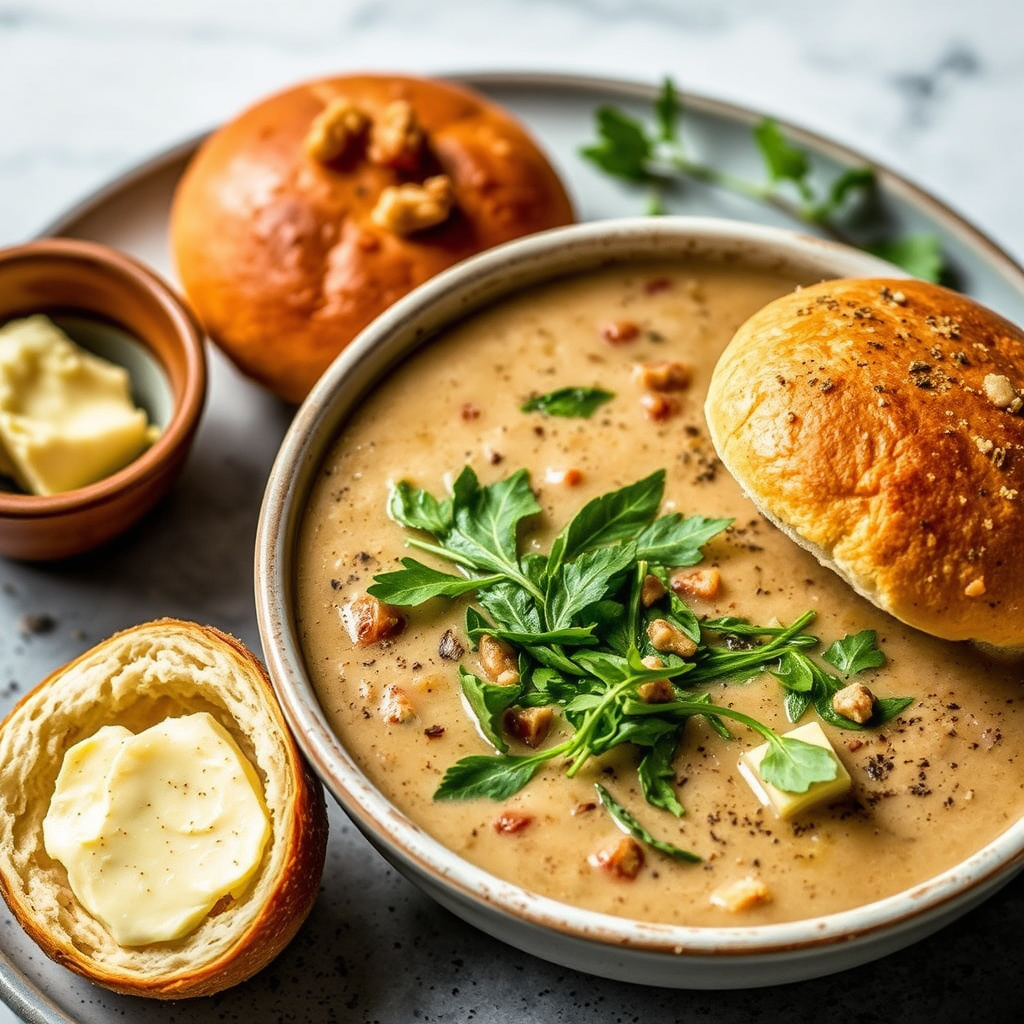 Vill soppsuppe med ruccola og valnøtter, samt parmesan-kruste brød med urtesmør