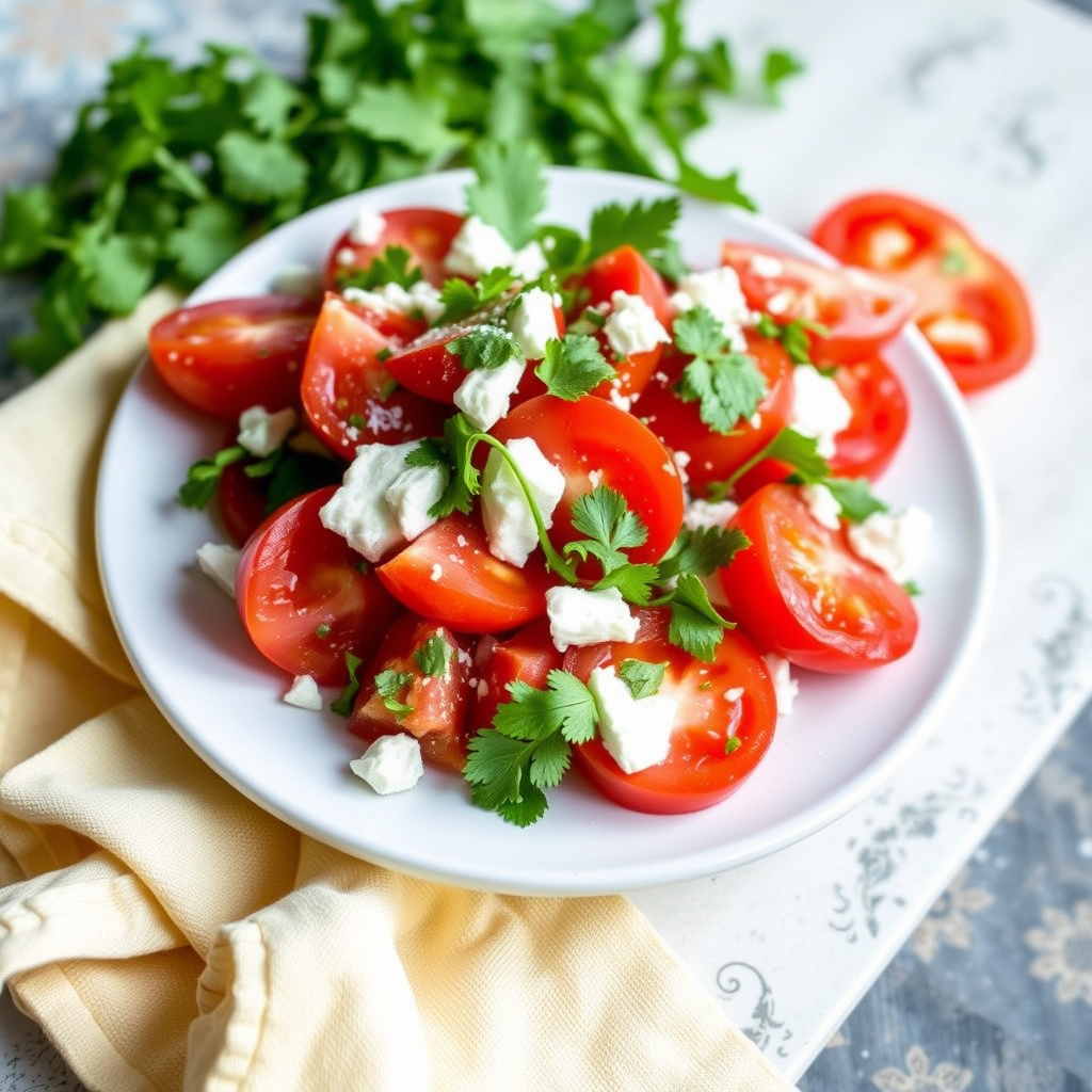 Vine-ripe tomatsalat med queso fresco, koriander og serranoskinke