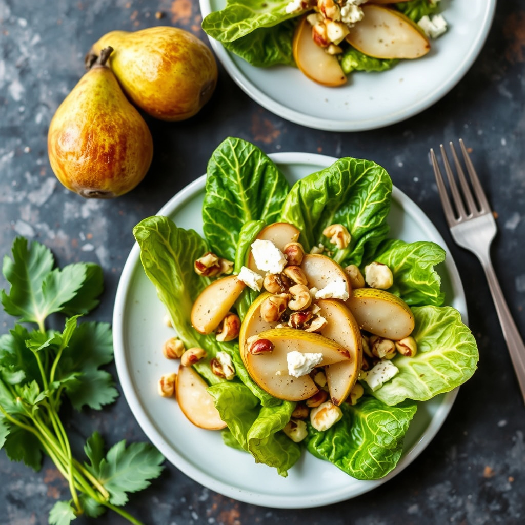Visnet romanosalat med ovnsbakte pærer, Taleggio og hasselnøtter