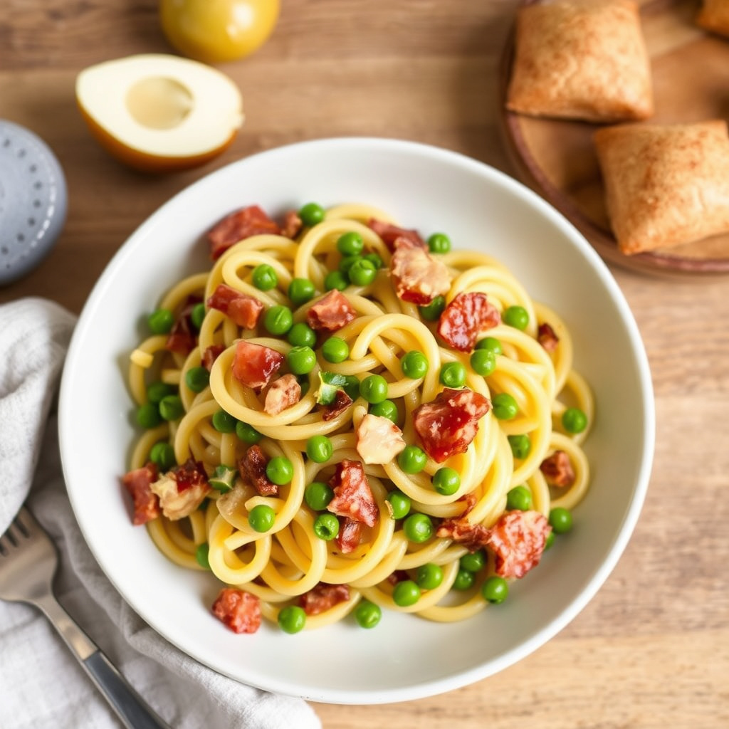 Vognhjulpasta med pancetta og erter