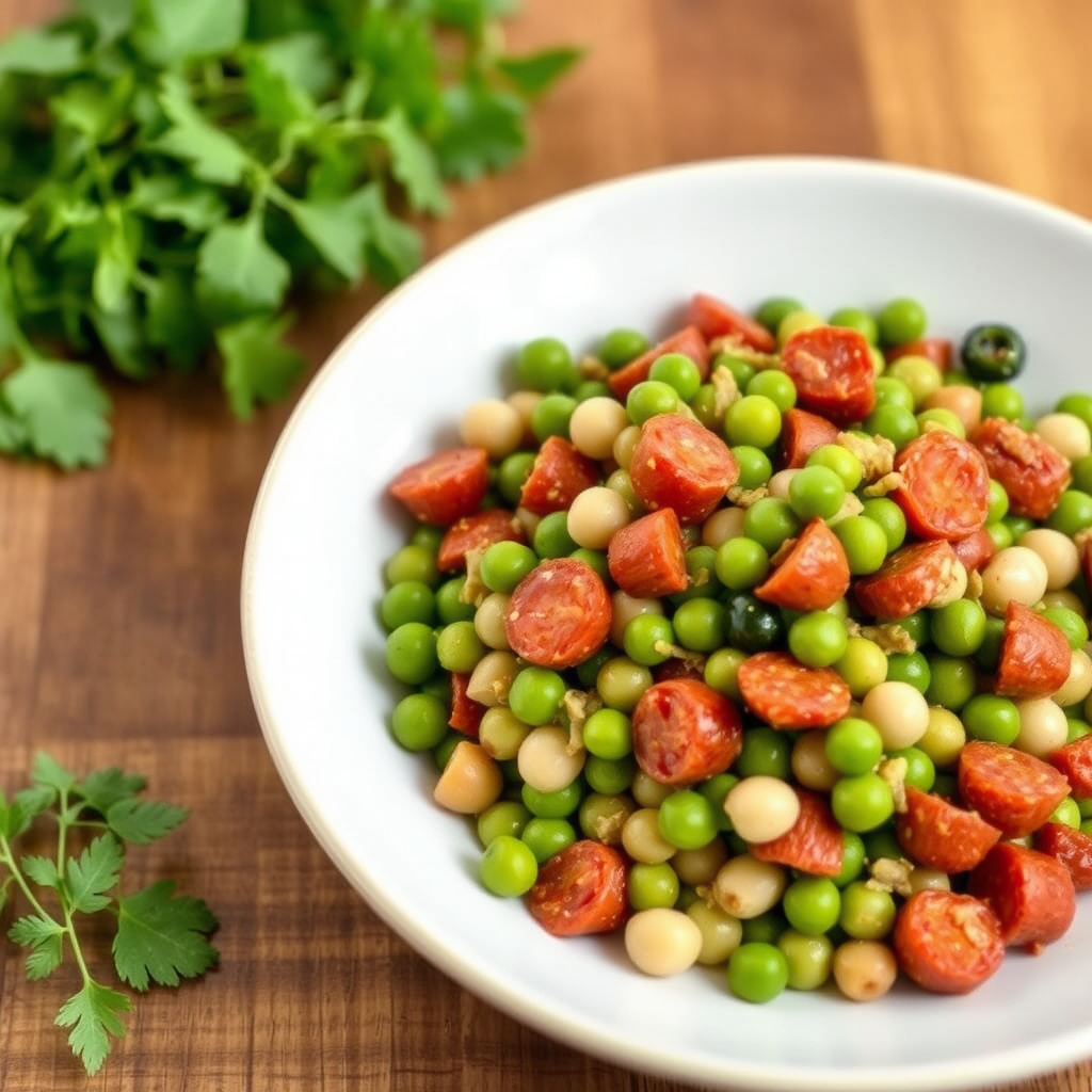 Voksbønne-, erte- og chorizosalat