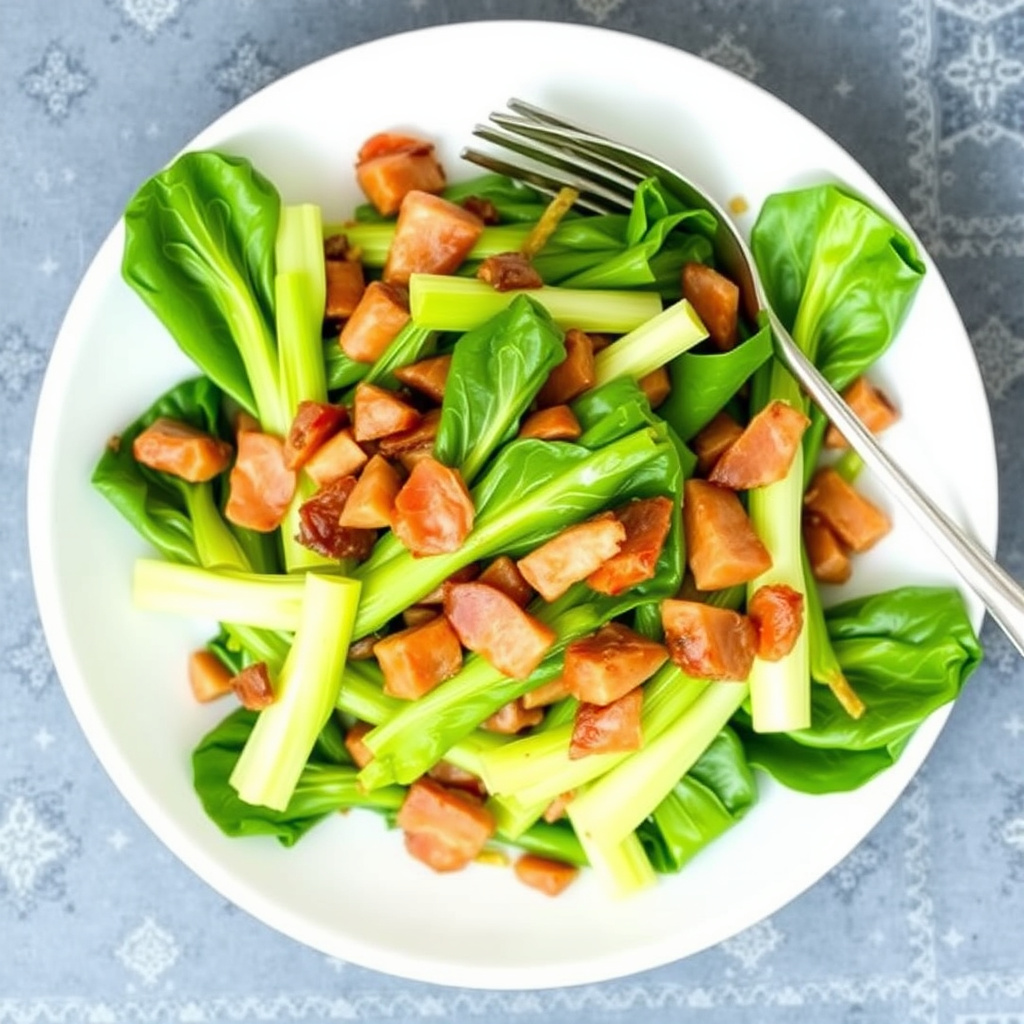 Wok med bok choy og kanadisk bacon