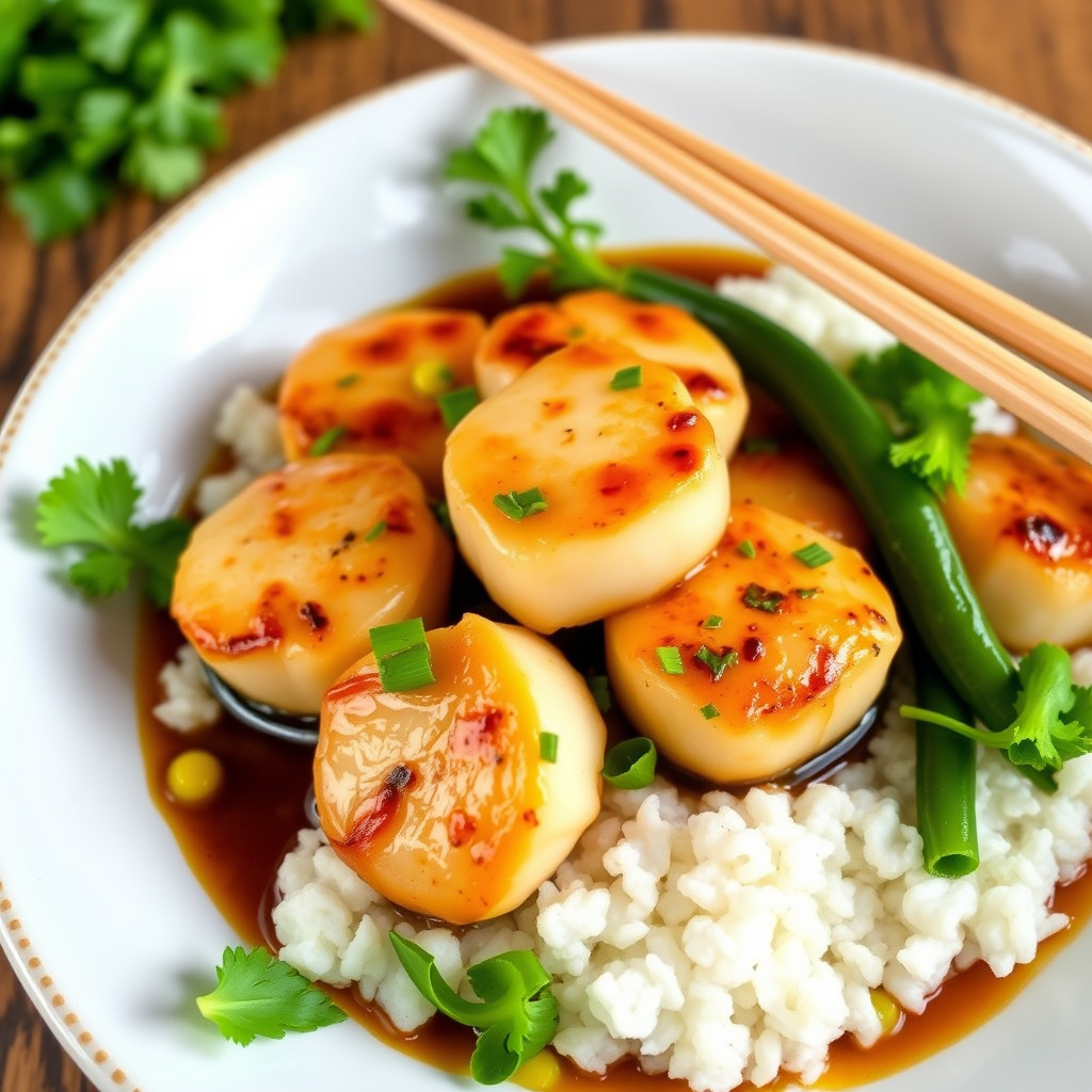Wokstekte kamskjell i teriyaki-Tabasco-smørsaus