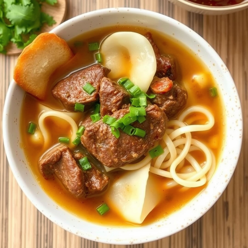 Wonton-nudelsuppe med femkrydret oksebog, mamma