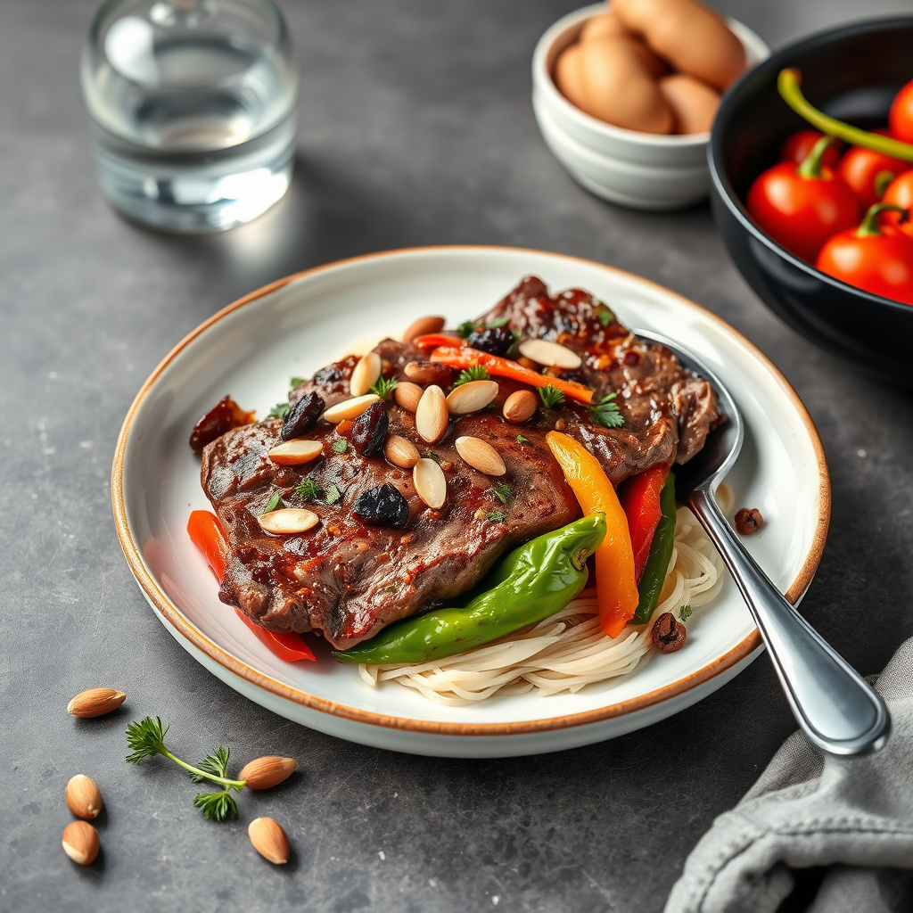 Ytrefilet av storfe med paprika, rosiner og mandler
