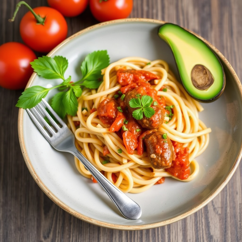 Ziti med grillet gazpachosaus og pølse