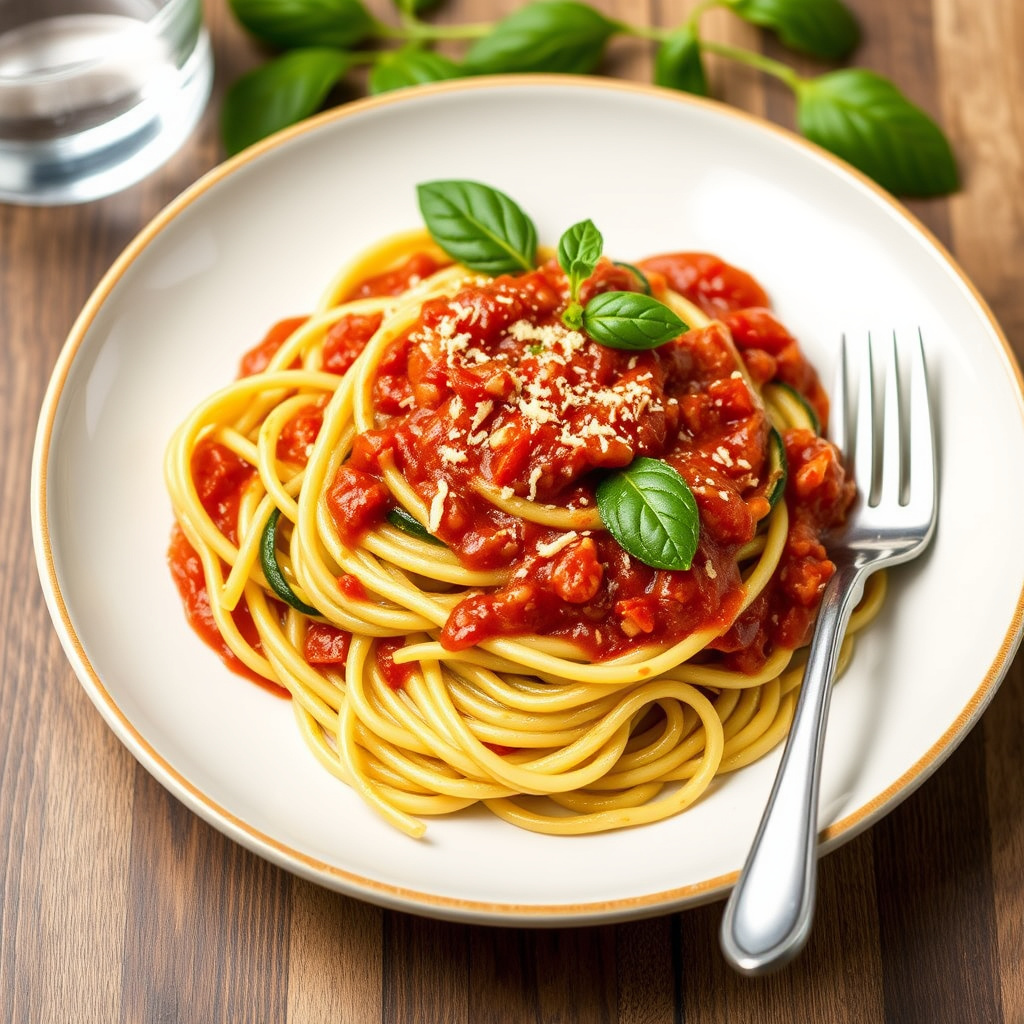 Zucchini "Fettuccine" med tomatsaus